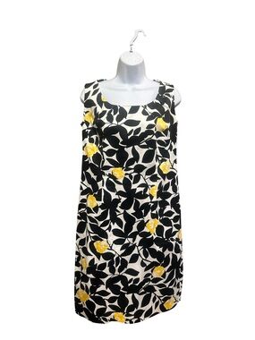 Cleo Graphic Floral Mod Black White Yellow Shift Dres Size 12
